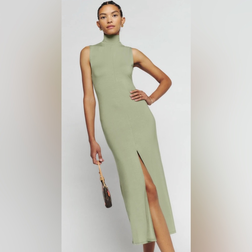 Reformation NWT Axton Dress in Artichoke Green Size Large L NEW MIDI length slit